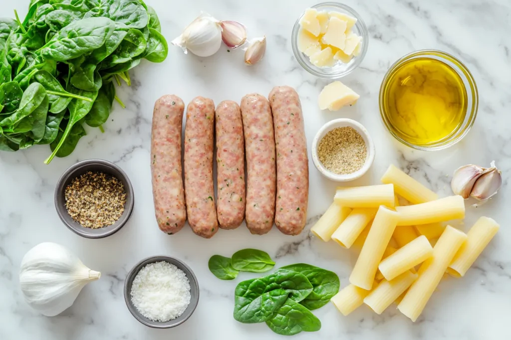 Ingredients for creamy Parmesan Italian sausage soup on a marble countertop.